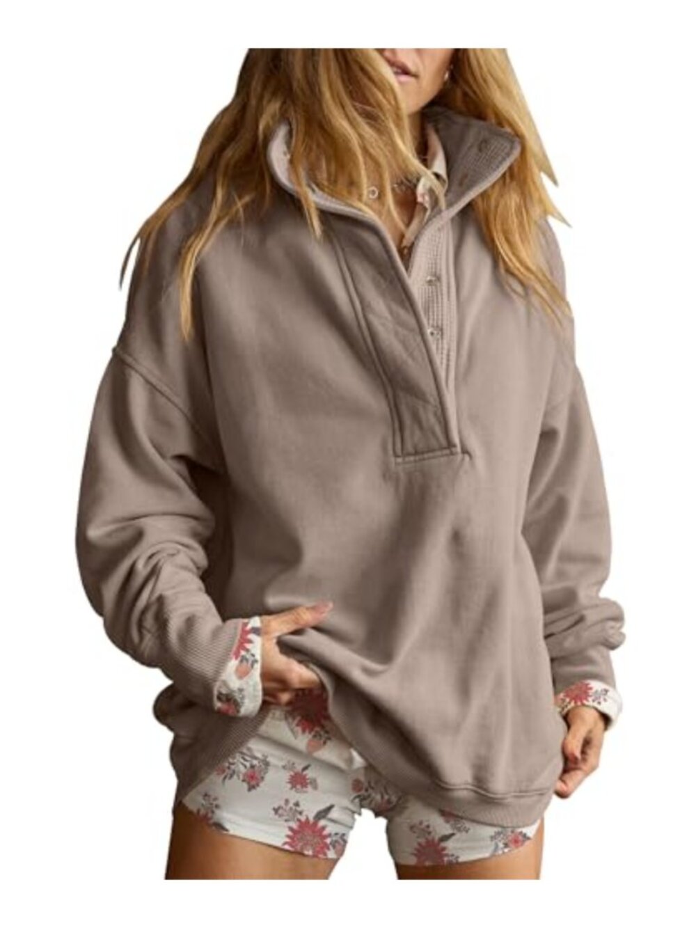 Oversized Henley Neck Sweatshirt Cotton Polyester Pullover Top Button Collar